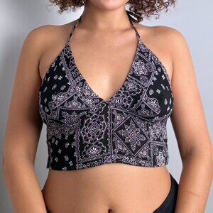 Black Bandana Print Halter Neck Cami Wrap Crop Top